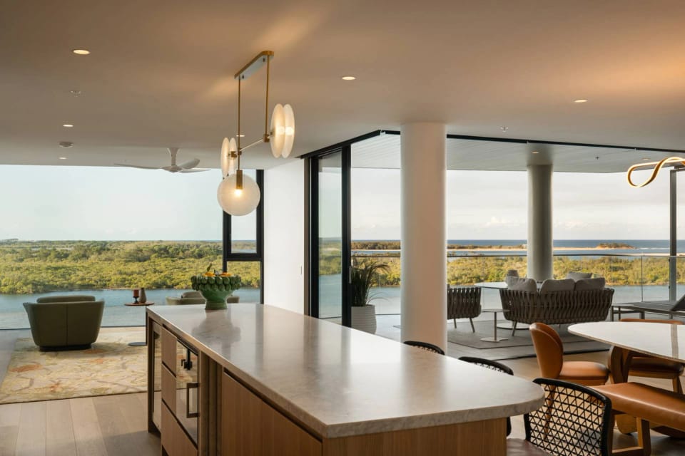 601/88 Duporth Avenue, Maroochydore — kitchen and living with river and ocean views